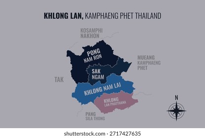 Mapa mostrando Khlong Lan District Kamphaeng Phet Thailand dividido em sub-distritos com padrões coloridos minimalistas