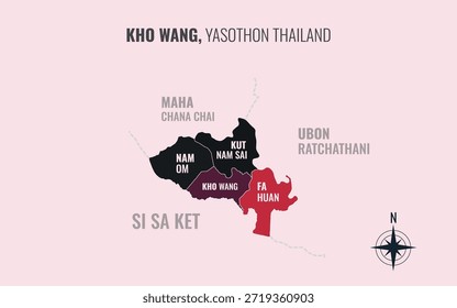 Mapa que muestra el distrito de Kho Wang en Yasothon, Tailandia, dividido en subdistritos con patrones coloridos minimalistas