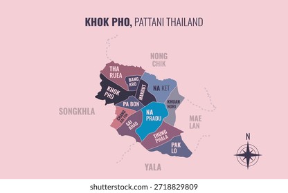 Mapa que muestra el distrito de Khok Pho en Pattani, Tailandia, dividido en subdistritos con patrones coloridos minimalistas