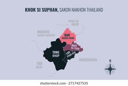 Mapa que muestra el distrito de Khok Si Suphan Sakon Nakhon Tailandia dividido en subdistritos con patrones coloridos minimalistas