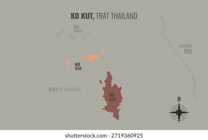 Karte von Ko Kut District Trat Thailand, unterteilt in Unterbezirke mit minimalistischen bunten Mustern
