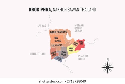 Mapa que muestra el distrito de Krok Phra Nakhon Sawan Tailandia dividido en subdistritos con patrones coloridos minimalistas