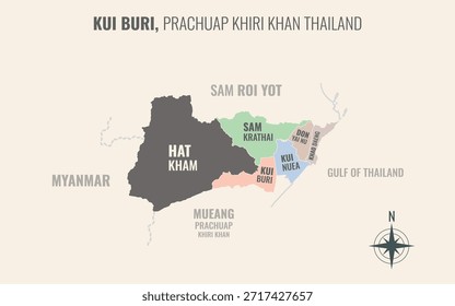 Mapa que muestra el distrito de Kui Buri Prachuap Khiri Khan Tailandia dividido en subdistritos con patrones coloridos minimalistas