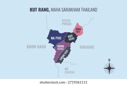 Mapa que muestra el distrito de Kut Rang Maha Sarakham Tailandia dividido en subdistritos con patrones coloridos minimalistas