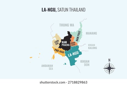 Mapa que muestra el distrito de Langu Satun Tailandia dividido en subdistritos con patrones coloridos minimalistas
