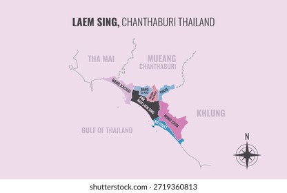 Mapa que muestra el distrito de Laem Sing en Chanthaburi, Tailandia, dividido en subdistritos con patrones coloridos minimalistas
