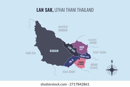 Mapa que muestra el distrito de Lan Sak Uthai Thani Tailandia dividido en subdistritos con patrones coloridos minimalistas