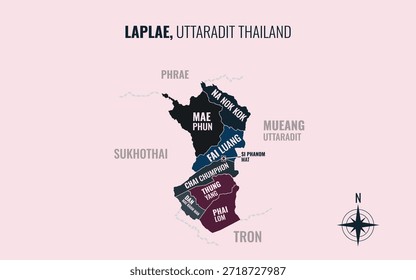 Mapa que muestra el distrito de Laplae, Uttaradit, Tailandia, dividido en subdistritos con patrones coloridos minimalistas