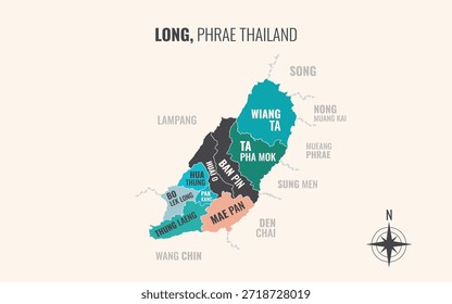 Mapa que muestra el distrito de Long Phrae en Tailandia dividido en subdistritos con patrones coloridos minimalistas