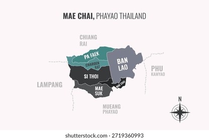 Karte von Mae Chai District Phayao Thailand aufgeteilt in Unterbezirke mit minimalistischen bunten Mustern