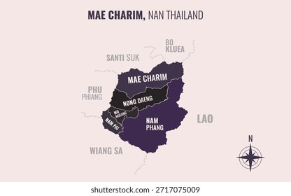 Mapa que muestra el distrito Mae Charim de Nan Tailandia dividido en subdistritos con patrones coloridos minimalistas