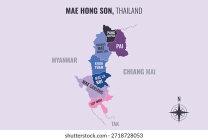 Un mapa que muestra Mae Hong Son Tailandia dividido en distritos en un estilo minimalista y colorido