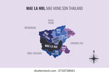 Landkarte Mae La Noi District Mae Hong Son Thailand aufgeteilt in Unterbezirke mit minimalistischen bunten Mustern