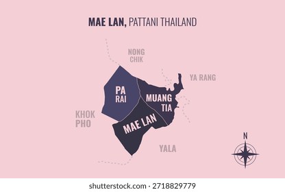 Map showing Mae Lan District Pattani Thailand divided into sub districts with minimalist colorful patterns