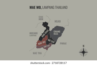Karte von Mae Mo District Lampang Thailand aufgeteilt in Unterbezirke mit minimalistischen bunten Mustern