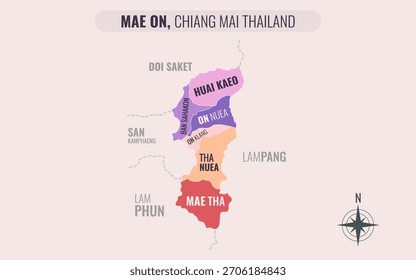 Map showing Mae On District Chiang Mai Thailand divided into sub-districts with minimalist colorful patterns
