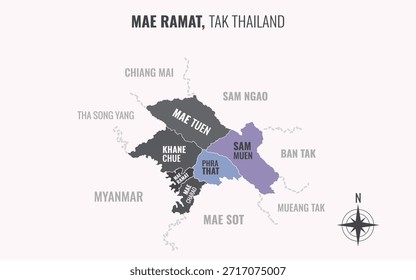 Mapa mostrando Mae Ramat District Tak Thailand dividido em sub-distritos com padrões coloridos minimalistas