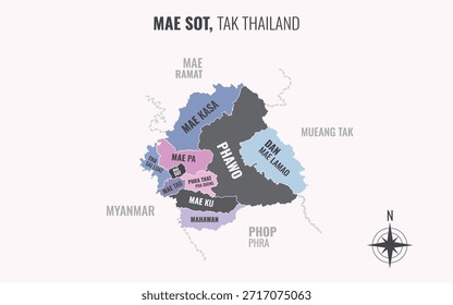 Mapa que muestra el distrito de Mae Sot Tak Tailandia dividido en subdistritos con patrones coloridos minimalistas