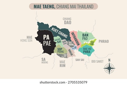Map showing Mae Taeng District Chiang Mai Thailand divided into sub-districts with minimalist colorful patterns