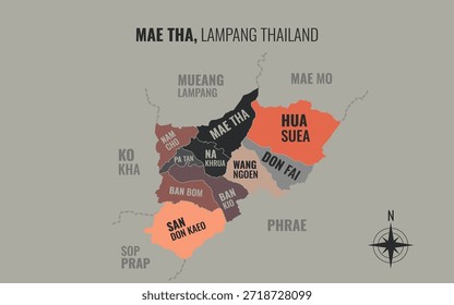 Mapa que muestra el distrito de Mae Tha Lampang en Tailandia dividido en subdistritos con patrones coloridos minimalistas