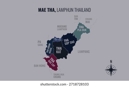 Karte von Mae Tha District Lamphun Thailand aufgeteilt in Unterbezirke mit minimalistischen bunten Mustern