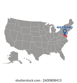 Map showing Maryland state highlighted with a location pin; great for business presentations and demographics research.