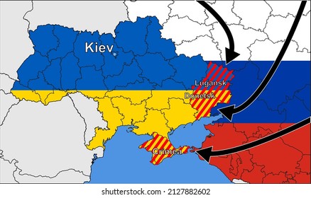 Map showing the military conflict between Ukraine and Russia. Donbass, Crimea, Donetsk and Lugansk War or East Ukraine Crisis.