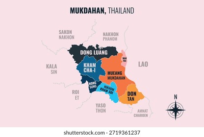 Un mapa que muestra Mukdahan Tailandia dividida en distritos en un estilo minimalista y colorido