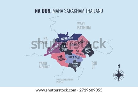 Map showing Na Dun District Maha Sarakham Thailand divided into sub districts with minimalist colorful patterns