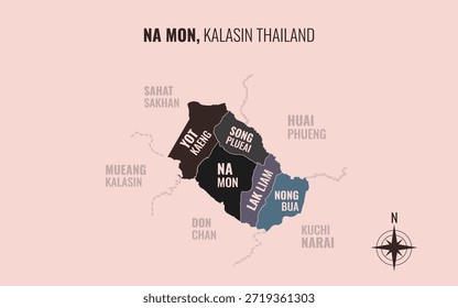 Mapa mostrando Na Mon Distrito Kalasin Tailândia dividido em subdistritos com padrões coloridos minimalistas
