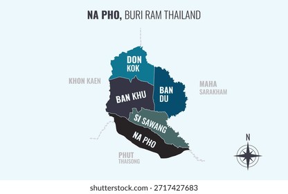 Mapa mostrando Na Pho Distrito Buri Ram Tailândia dividido em sub-distritos com padrões coloridos minimalistas