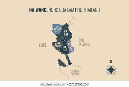Mapa que muestra el distrito de Na Wang Nong Bua Lam Phu Tailandia dividido en subdistritos con patrones coloridos minimalistas