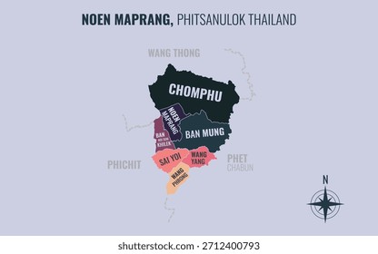 Mapa que muestra el distrito de Noen Maprang Phitsanulok Tailandia dividido en subdistritos con patrones coloridos minimalistas