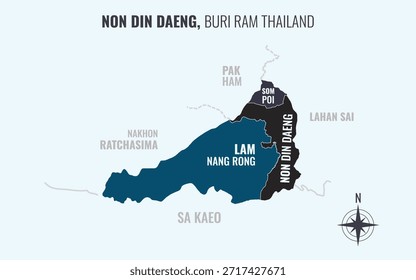 Mapa que muestra el distrito de Non Din Daeng Buri Ram Tailandia dividido en subdistritos con patrones coloridos minimalistas
