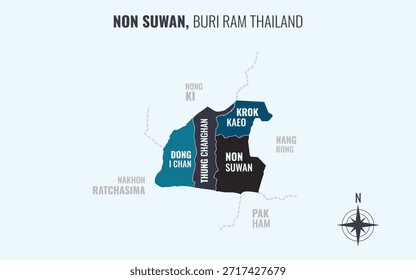 Mapa que muestra el distrito de Non Suwan Buri Ram Tailandia dividido en subdistritos con patrones coloridos minimalistas