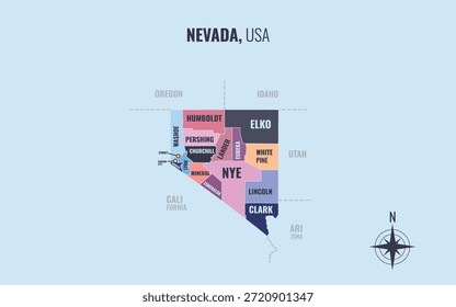 Un mapa que muestra NV Nevada en el condado de USPS en un estilo minimalista y colorido