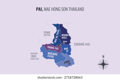 Mapa que muestra el distrito de Pai Mae Hong Son Tailandia dividido en subdistritos con patrones coloridos minimalistas