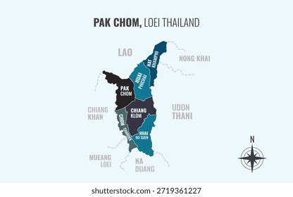 Mapa que muestra el distrito de Pak Chom Loei Tailandia dividido en subdistritos con patrones coloridos minimalistas