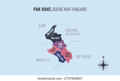 Mapa que muestra el distrito de Pak Khat Bueng Kan Tailandia dividido en subdistritos con patrones coloridos minimalistas