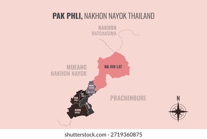 Mapa que muestra el distrito de Pak Phli Nakhon Nayok Tailandia dividido en subdistritos con patrones coloridos minimalistas