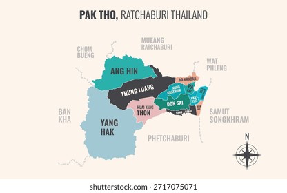 Mapa que muestra el distrito de Pak Tho, Ratchaburi, Tailandia, dividido en subdistritos con patrones coloridos minimalistas