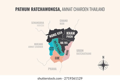 Mapa que muestra el distrito de Pathum Ratchawongsa Amnat Charoen Tailandia dividido en subdistritos con patrones coloridos minimalistas