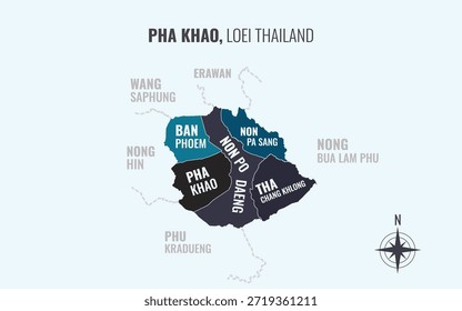 Mapa que muestra el distrito de Pha Khao Loei Tailandia dividido en subdistritos con patrones coloridos minimalistas