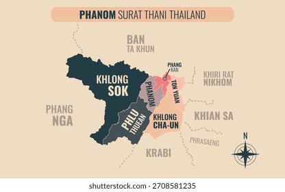 Mapa que muestra el distrito de Phanom Surat Thani en Tailandia dividido en subdistritos con patrones coloridos minimalistas