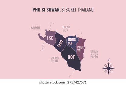 Mapa mostrando Pho Si Suwan District Si Sa Ket Thailand dividido em sub-distritos com padrões coloridos minimalistas