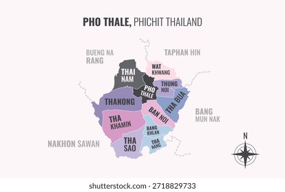 Mapa que muestra el distrito de Pho Thale Phichit Tailandia dividido en subdistritos con patrones coloridos minimalistas