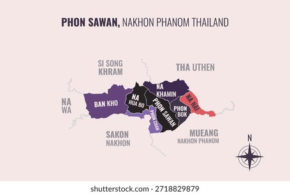 Mapa que muestra el distrito de Phon Sawan Nakhon Phanom Tailandia dividido en subdistritos con patrones coloridos minimalistas