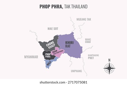 Mapa que muestra el distrito de Phop Phra en Tailandia dividido en subdistritos con patrones coloridos minimalistas