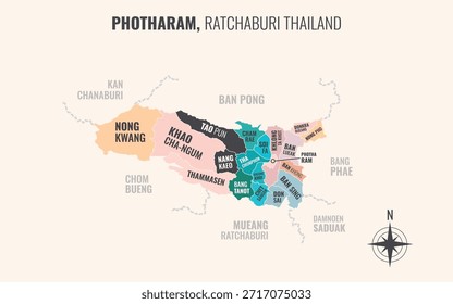 Mapa que muestra el distrito de Photharam, Ratchaburi, Tailandia, dividido en subdistritos con patrones coloridos minimalistas