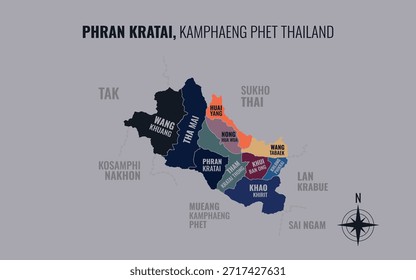 Mapa que muestra el distrito de Phran Kratai Kamphaeng Phet Tailandia dividido en subdistritos con patrones coloridos minimalistas